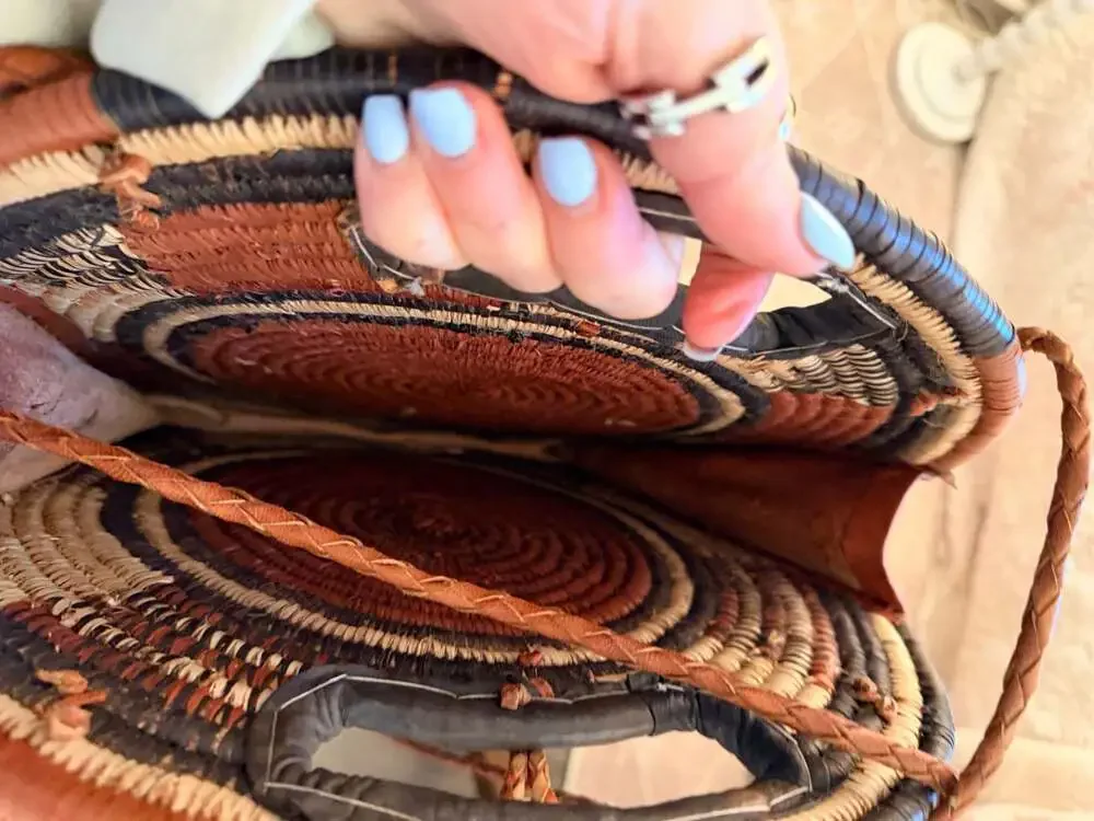 Vintage Handwoven African Bolga Round Leather-Trimmed Crossbody Bag